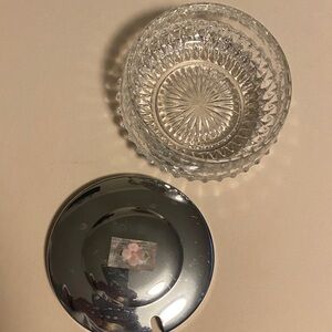 Antique Crystal Glass cheese Bowl with Silver Lid and floral design